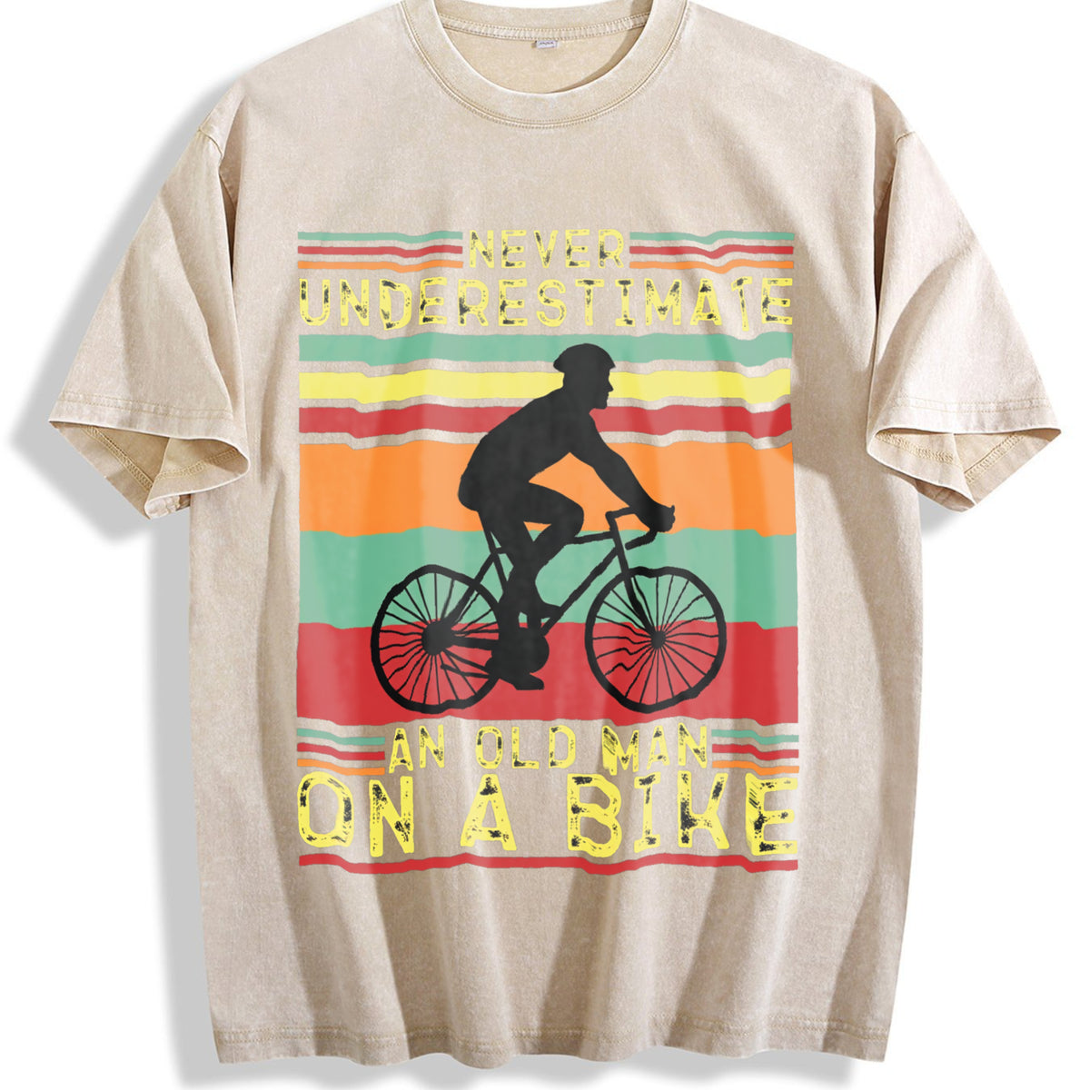 Never Underestimate An Old Man On A Bike Vintage Washed T-Shirt - Beige