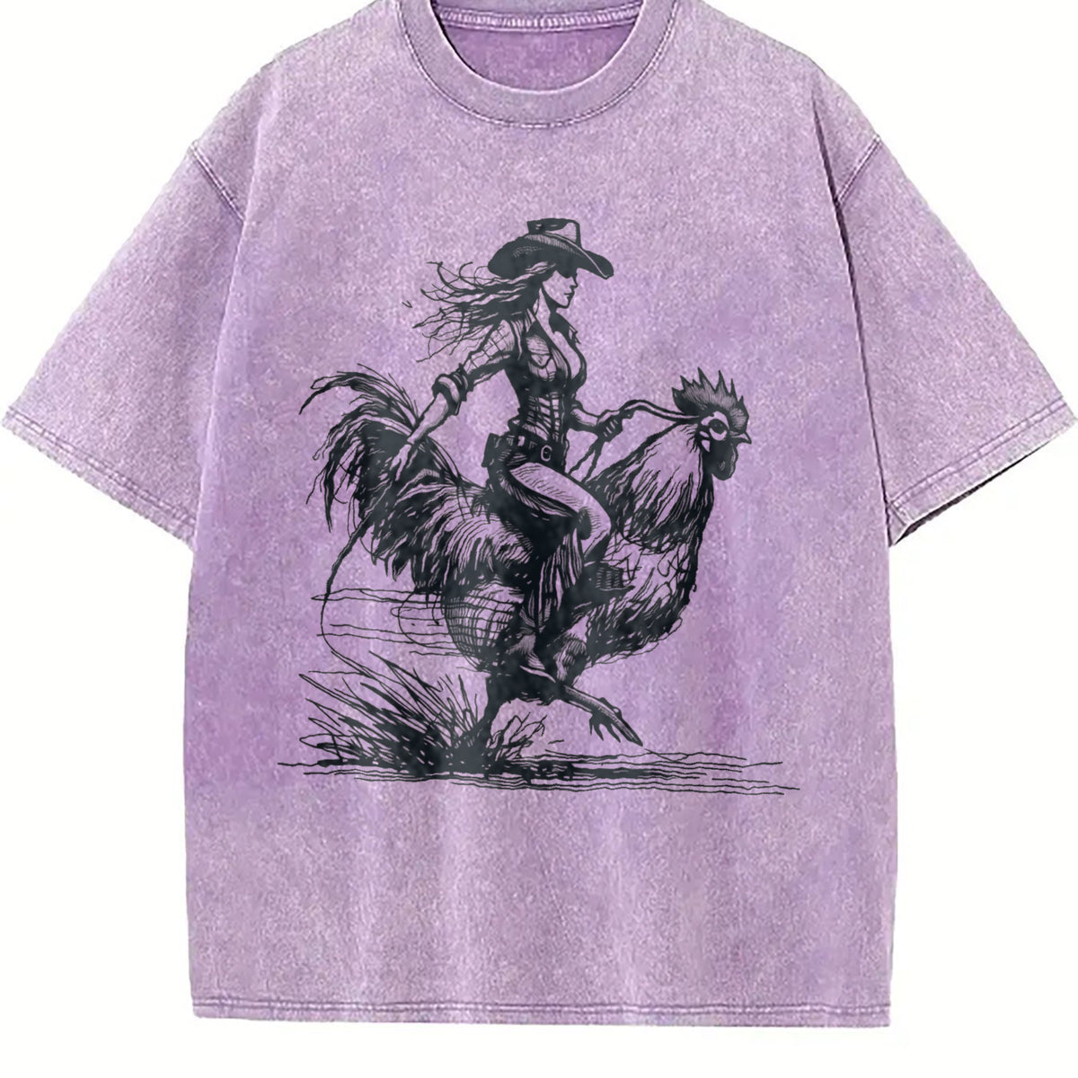 Funny Cowgirl Riding Chicken 90s Vintage Washed T-Shirt - product view