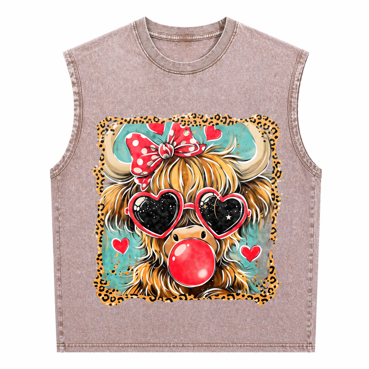 Highland Cow Valentine Coquette Valentine Heart Leopard Men's Washed Tank Top - product view