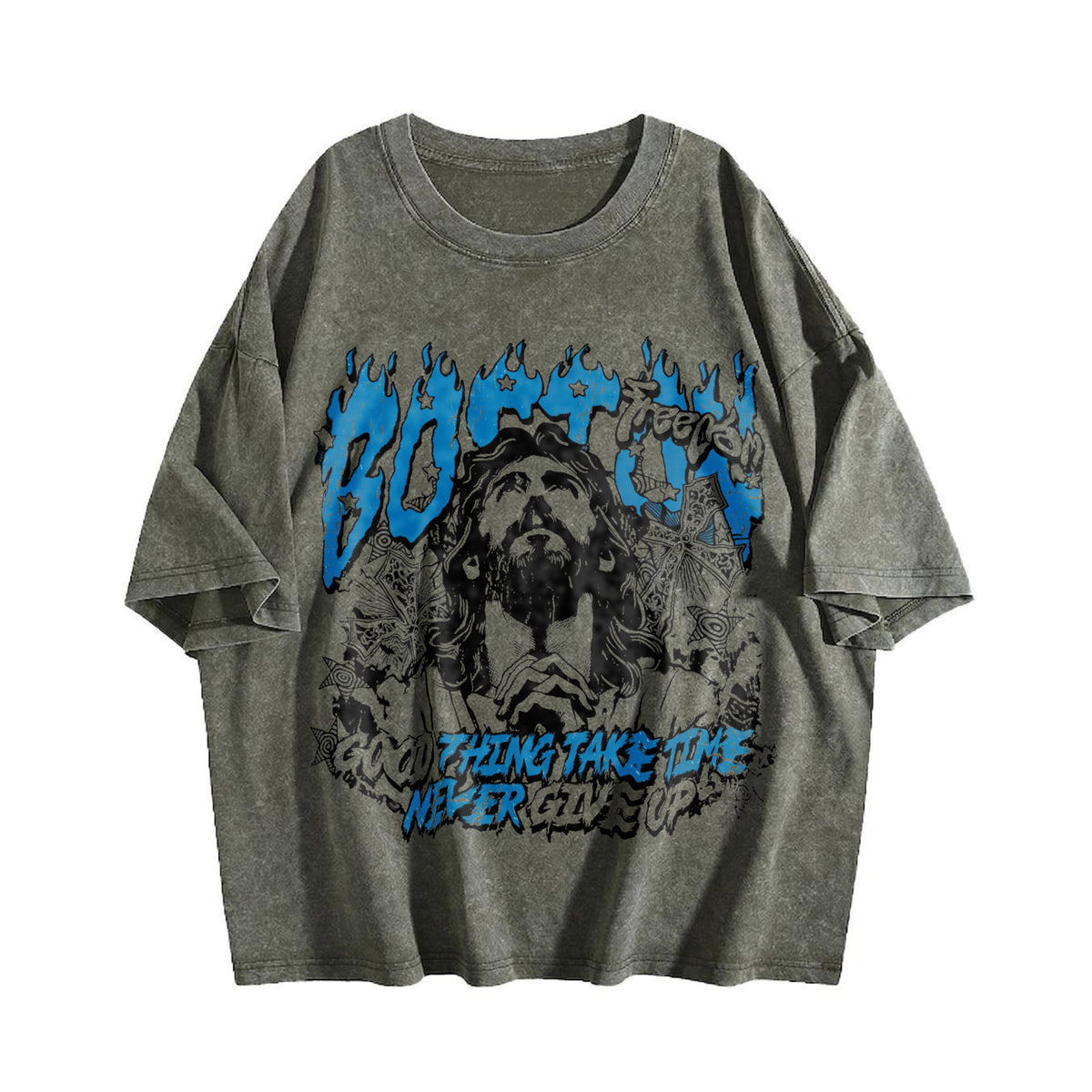 Boston Jesus Cross White Grunge Vintage Washed T-Shirt - product view