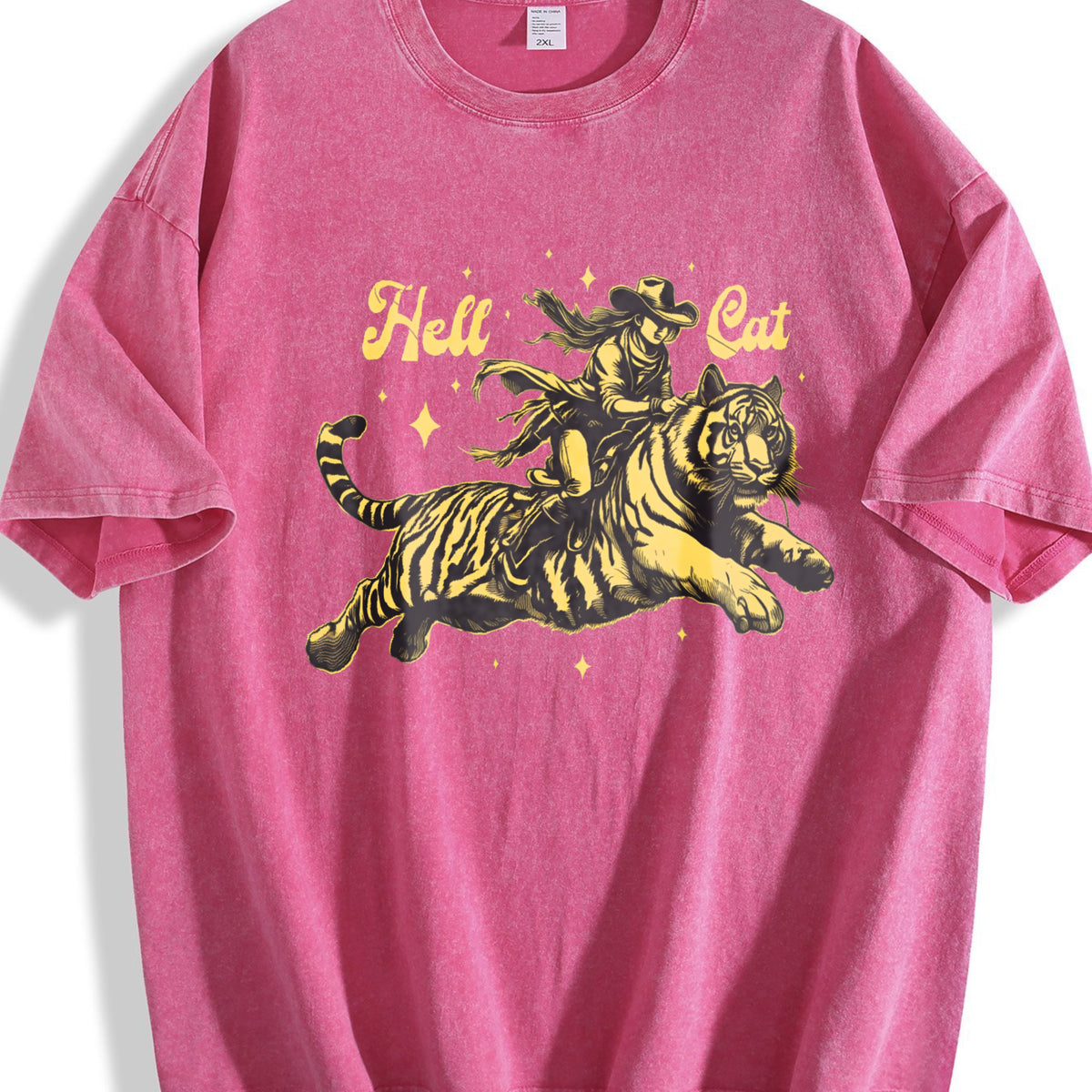 Hell Cat Cowgirl Riding Tiger Vintage Washed T-Shirt - product view
