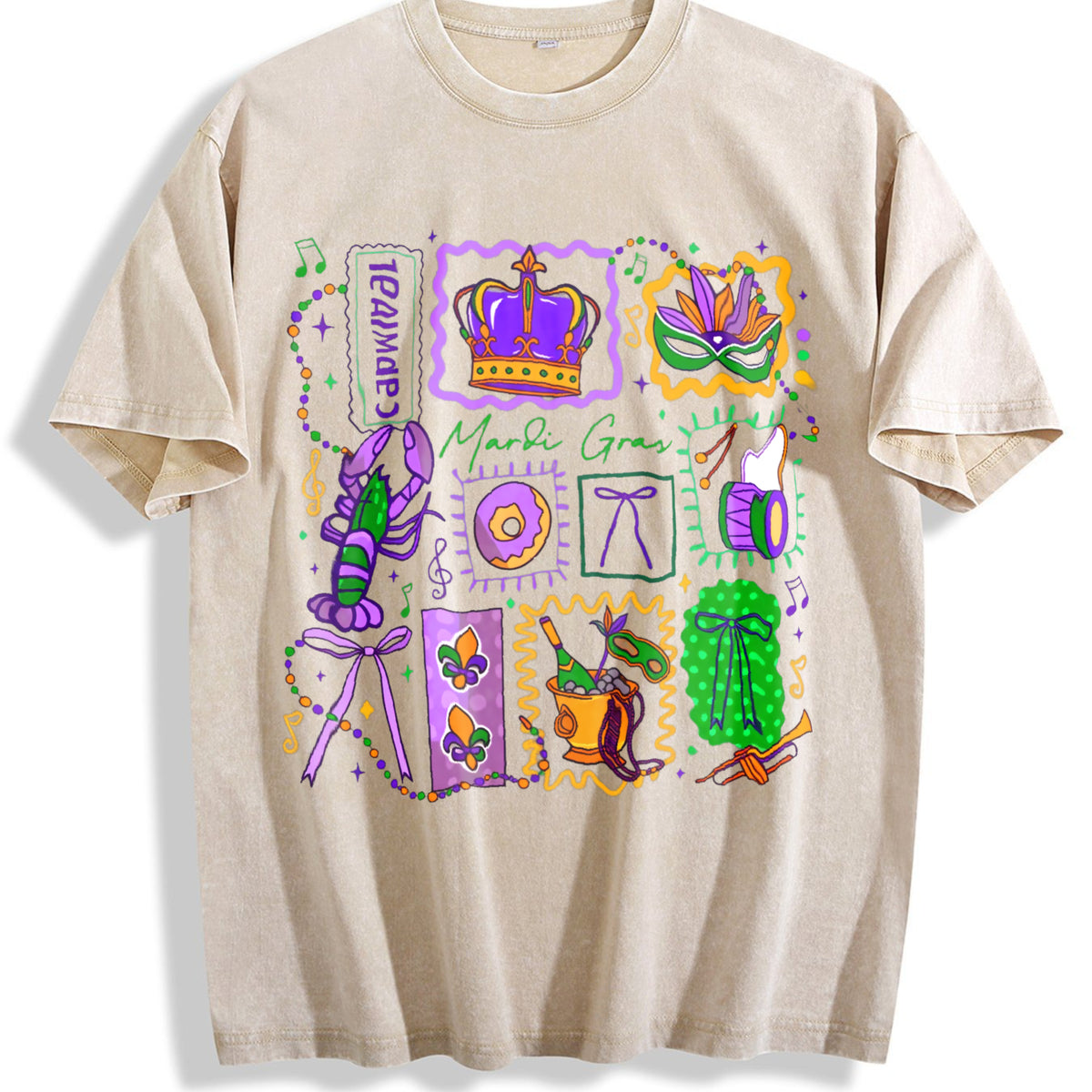 Mardi Gras Doodle Icons Vintage Washed T-Shirt - Beige
