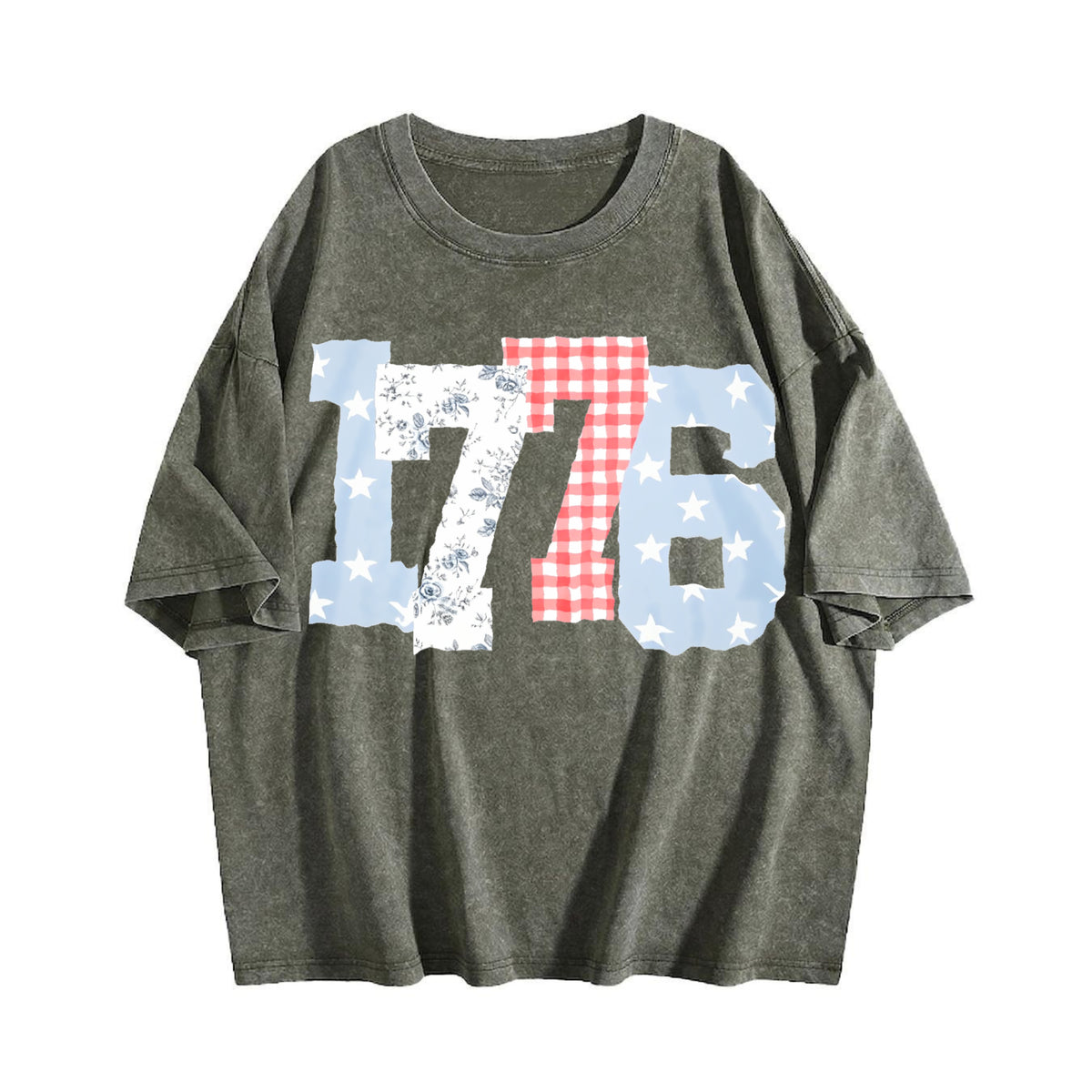 1776 Plaid Floral Star Number Vintage Washed T-Shirt - product view