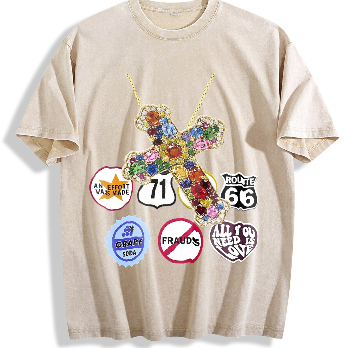 Jewel Cross & Cropped Vintage Washed T-Shirt - Beige
