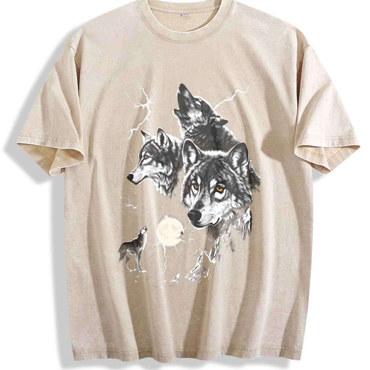 Wolf Lightning Classic 90s Vintage Washed T-Shirt - Beige