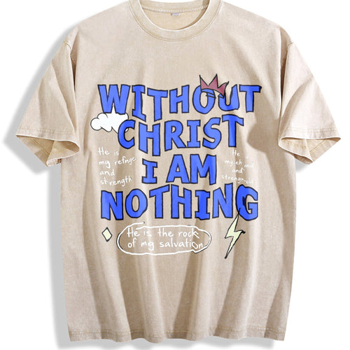 100 Boxy Christian Faith Letter White Vintage Washed T-Shirt - Beige