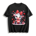 Winter Clothes Cow Wearing Diamond Bow Love Spring Cotton T-Shirt - Black