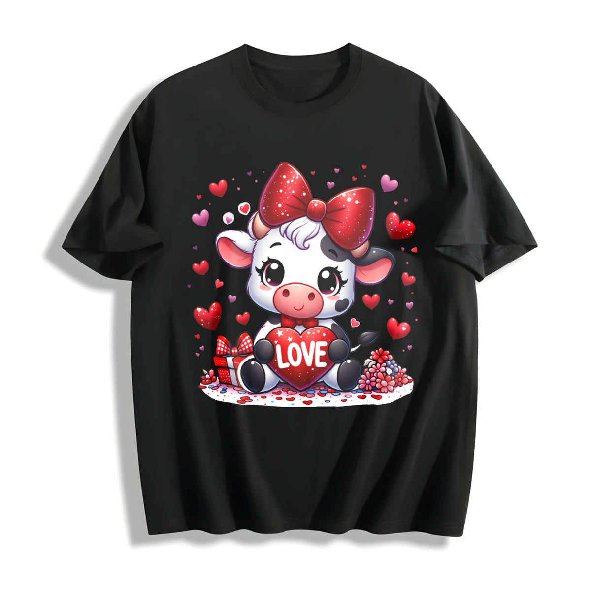 Winter Clothes Cow Wearing Diamond Bow Love Spring Cotton T-Shirt - Black