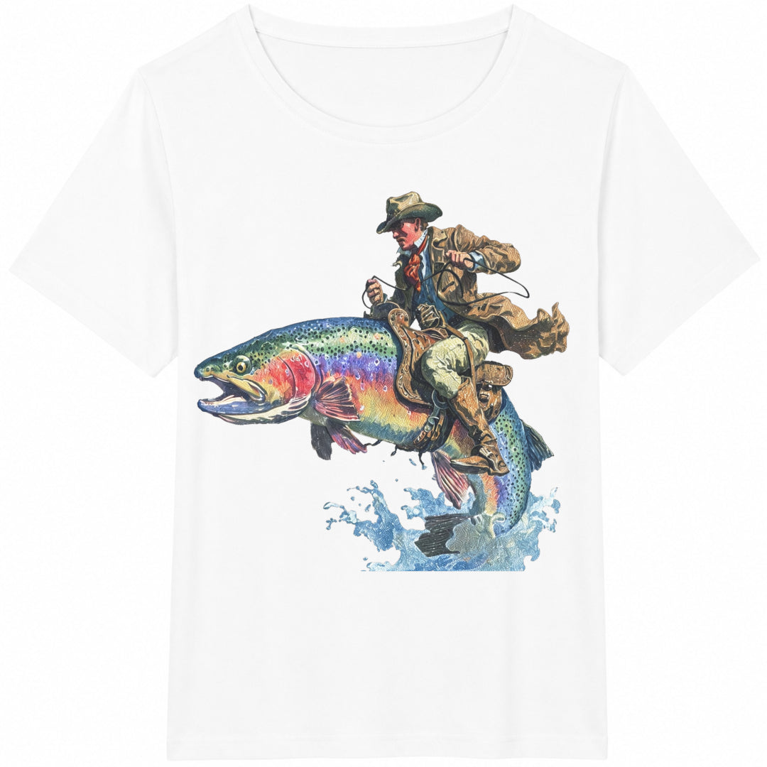 Cowboy Riding Rainbow Trout Cotton T-Shirt - product view