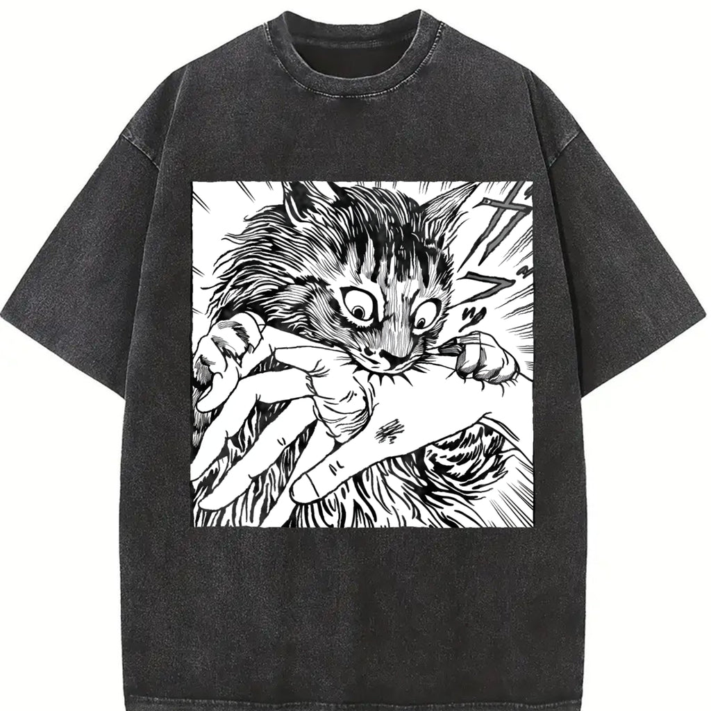 Cat Bite Tshirt, Japanese Horror Anime T-Shirt, Creepy Cat Shirt, Cats Crazy Shirts Cool Graphic Unisex T Shirts Top Streetwear Casual Crewneck