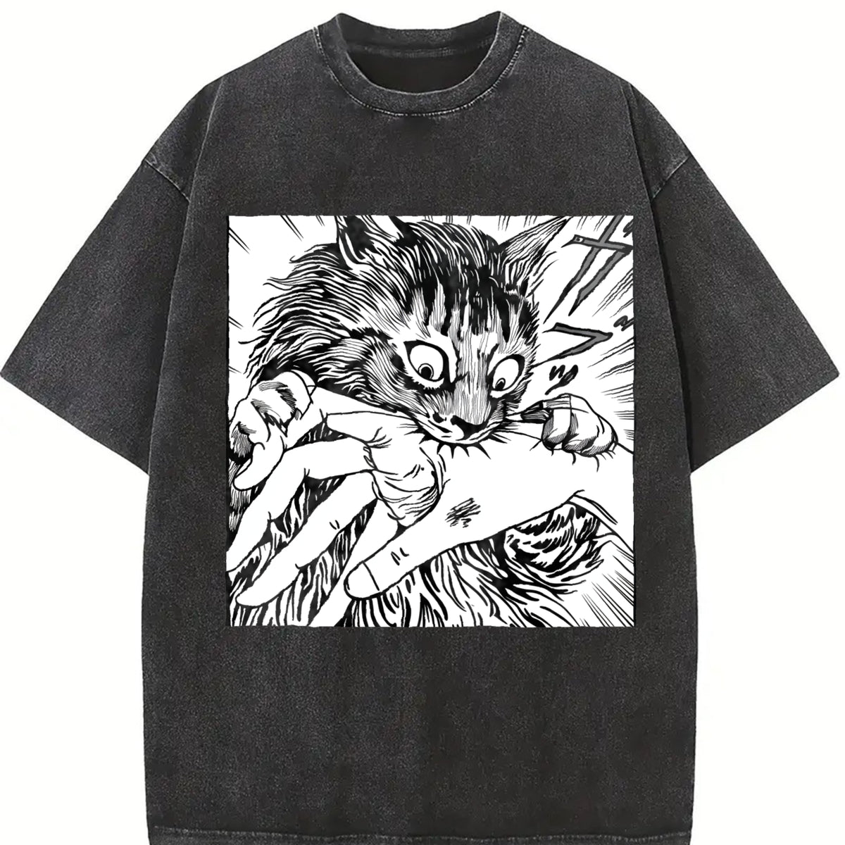 Cat Bite Tshirt, Japanese Horror Anime T-Shirt, Creepy Cat Shirt, Cats Crazy Shirts Cool Graphic Unisex T Shirts Top Streetwear Casual Crewneck