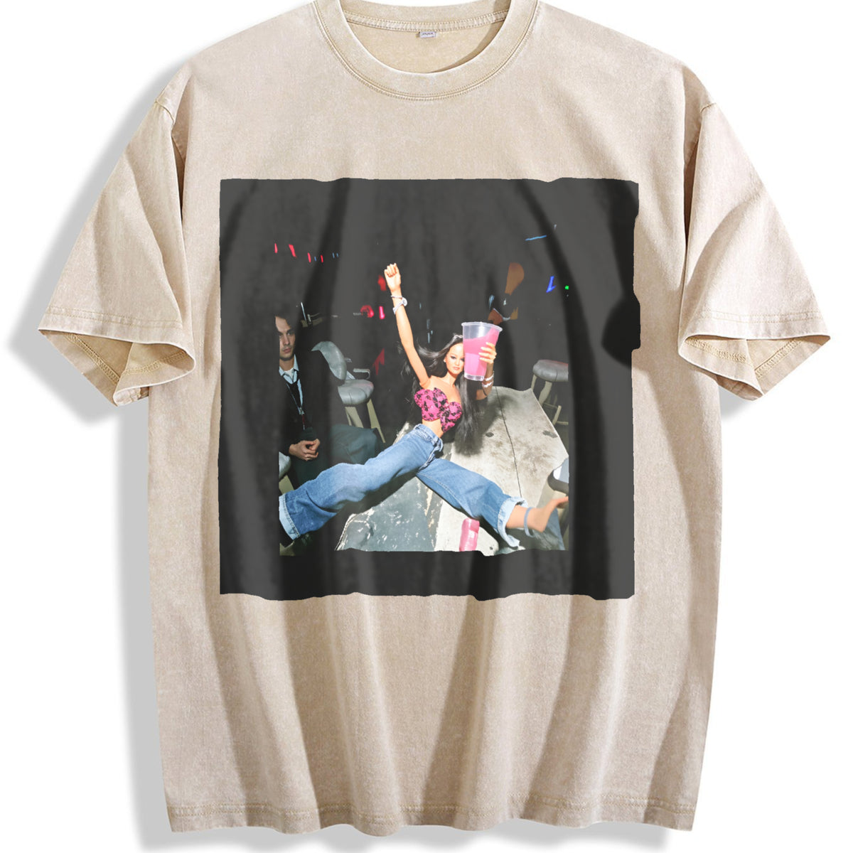 Doll Night Out with Pink Drink Vintage Washed T-Shirt - Beige
