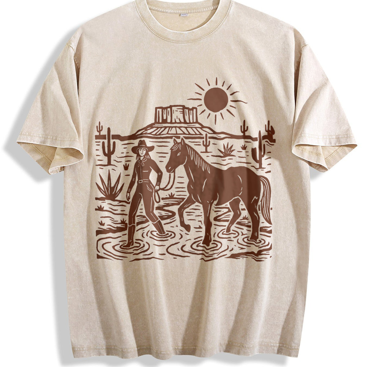 Cowgirl Desert Horse Vintage Washed T-Shirt - Beige