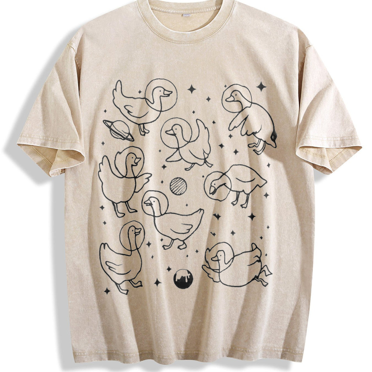 Geese In Space 90s Vintage Washed T-Shirt - Beige