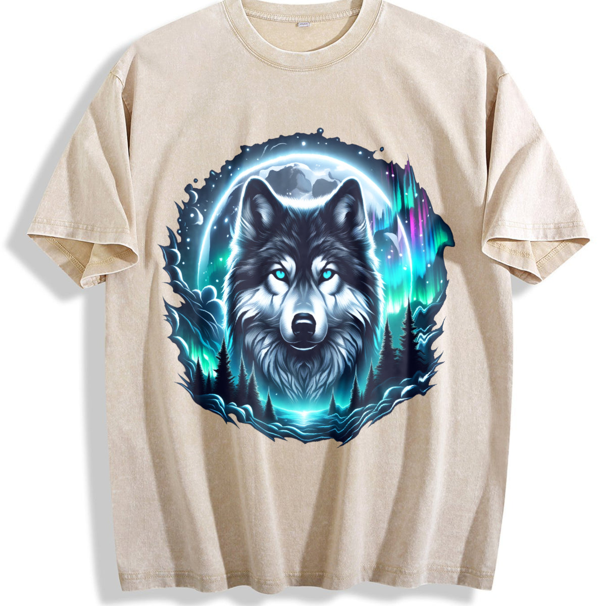 Wolf At The Moon Vintage Washed T-Shirt - Beige