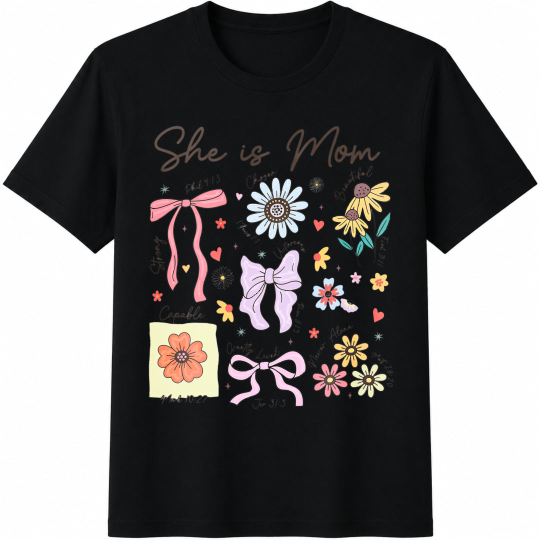 She Is Mom : Christian Floral Cotton T-Shirt - Black