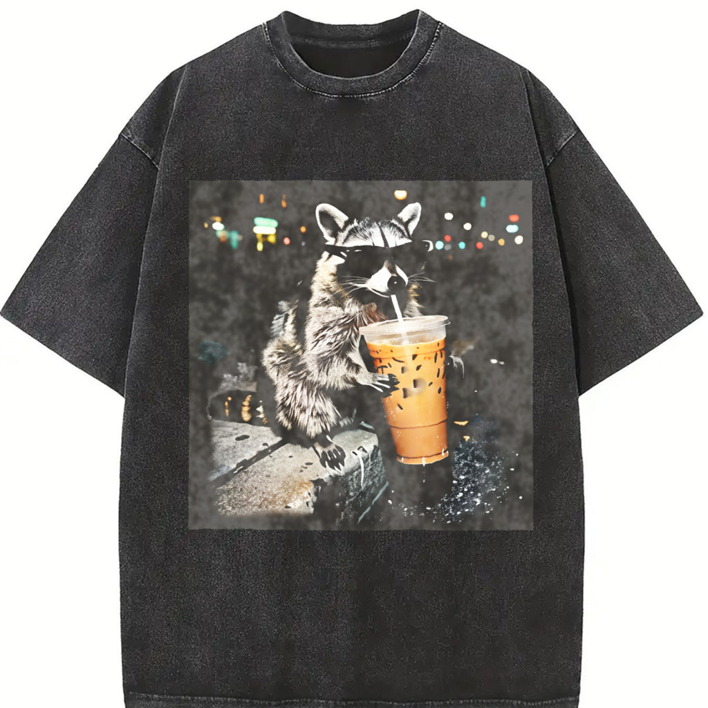 Raccoon Drinking Iced Coffee Comfort Colors, Funny Animal Meme Shirt, Coffee Lover Raccoon Shirts, Crew Neck, Menswear Top, Womenswear Top Underwear Streetwear
