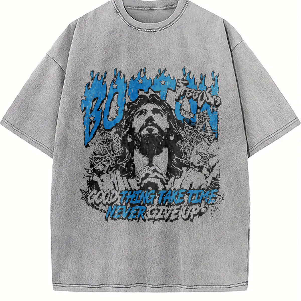 Boston Jesus Cross White Grunge Vintage Washed T-Shirt - product view