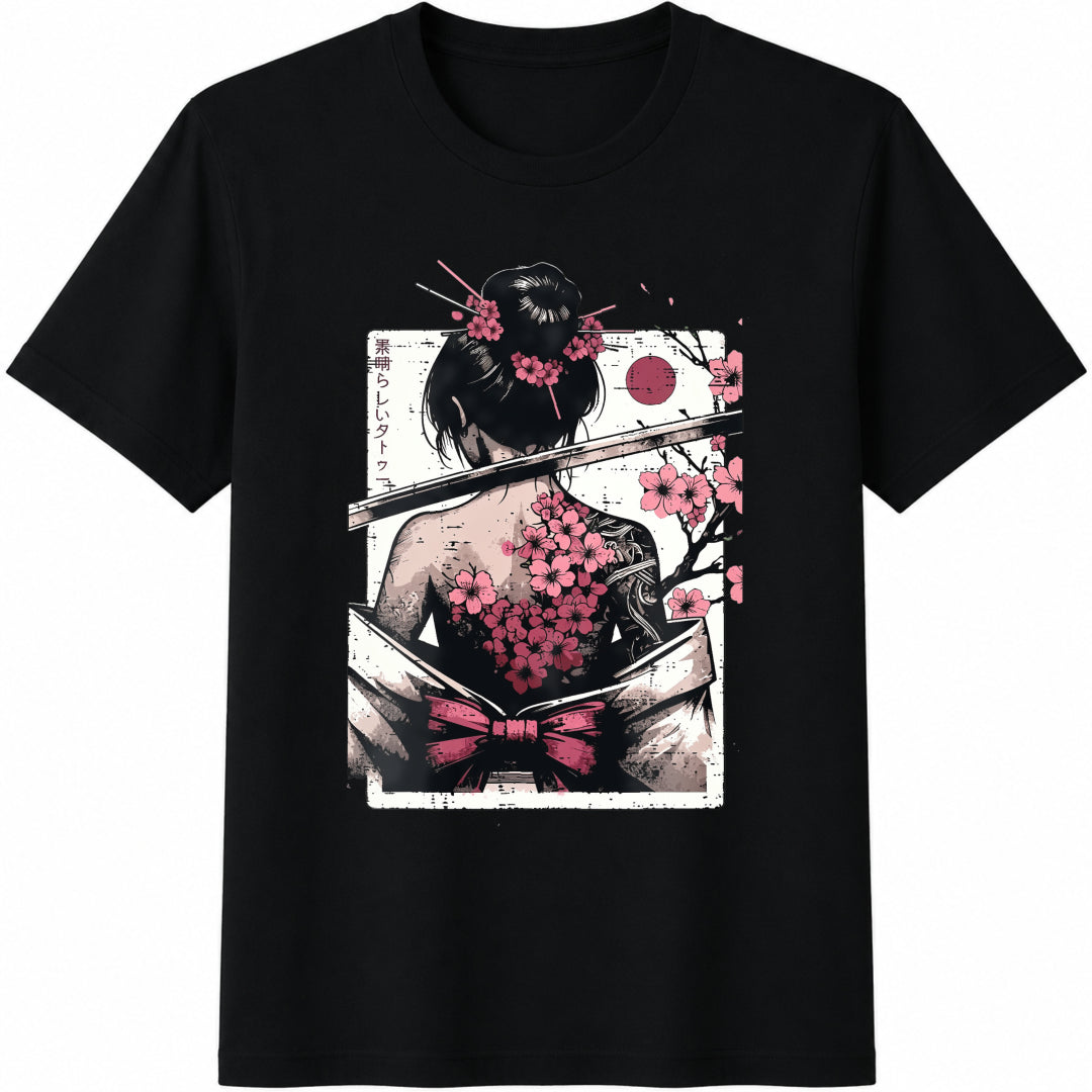 Japanese- Female Cherry Blossom Tattoo Art Geisha Cotton T-Shirt - Black