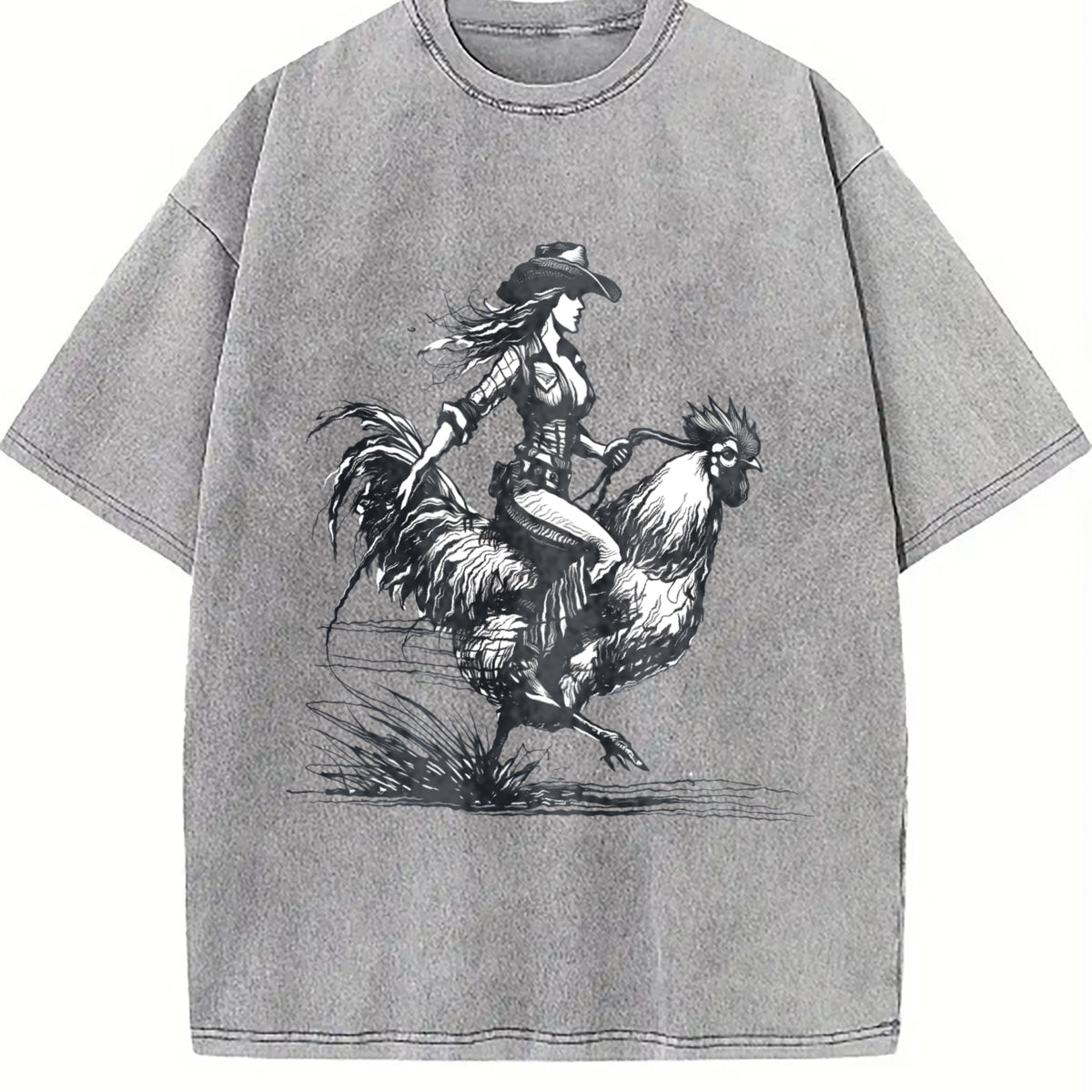 Cowgirl Riding Chicken 90s Vintage Washed T-Shirt - product view