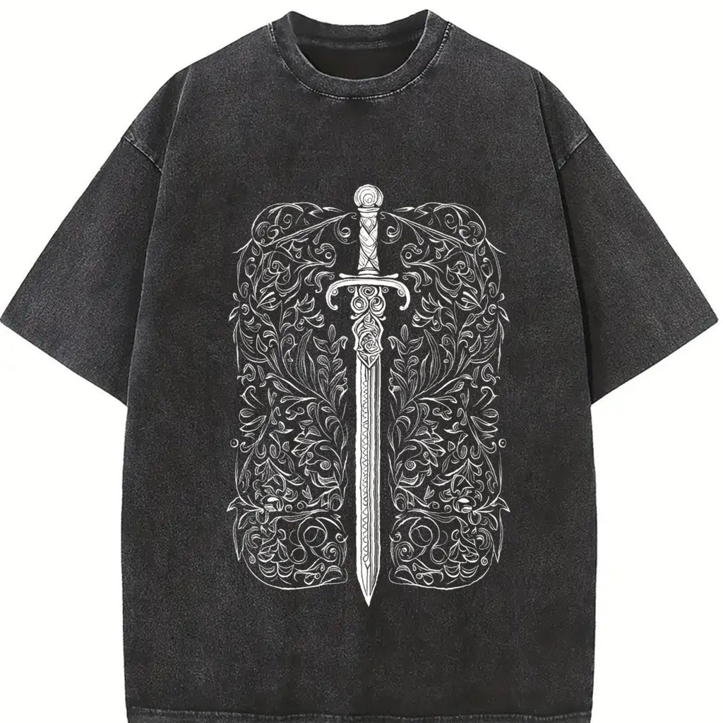 Women's Sword & Letter Print Round Neck Tee, Casual Short Sleeve T-shirt for Daily Wear, Ladies Sleepwear for Spring & Fall, Top, Womenswear Fashion