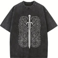 Women's Sword & Letter Print Round Neck Tee, Casual Short Sleeve T-shirt for Daily Wear, Ladies Sleepwear for Spring & Fall, Top, Womenswear Fashion