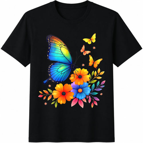 1-piece--for - For - Colorful Butterfly And Floral Cotton T-Shirt - Black