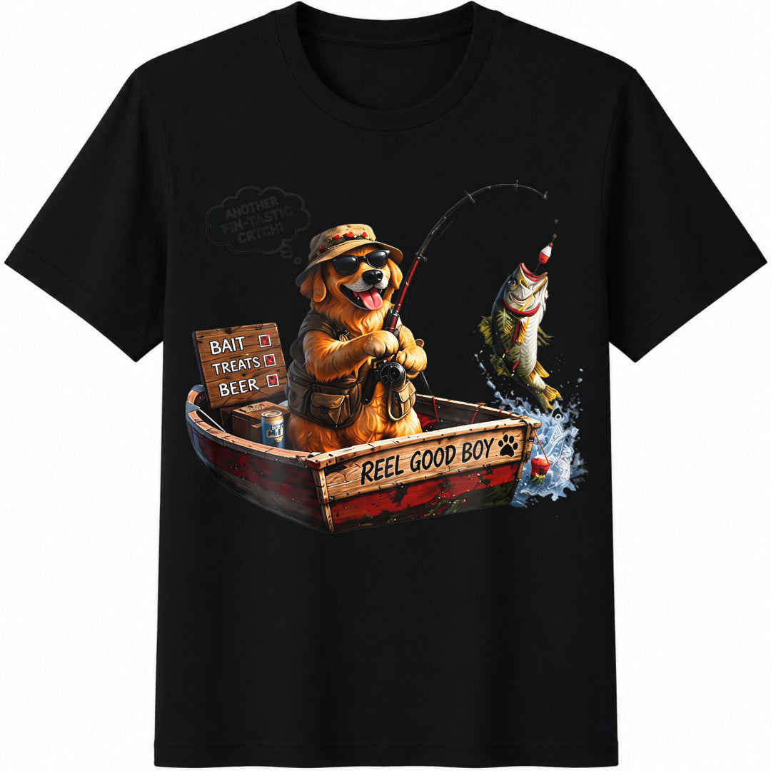 Funny Fishing Dog Cotton T-Shirt - Black