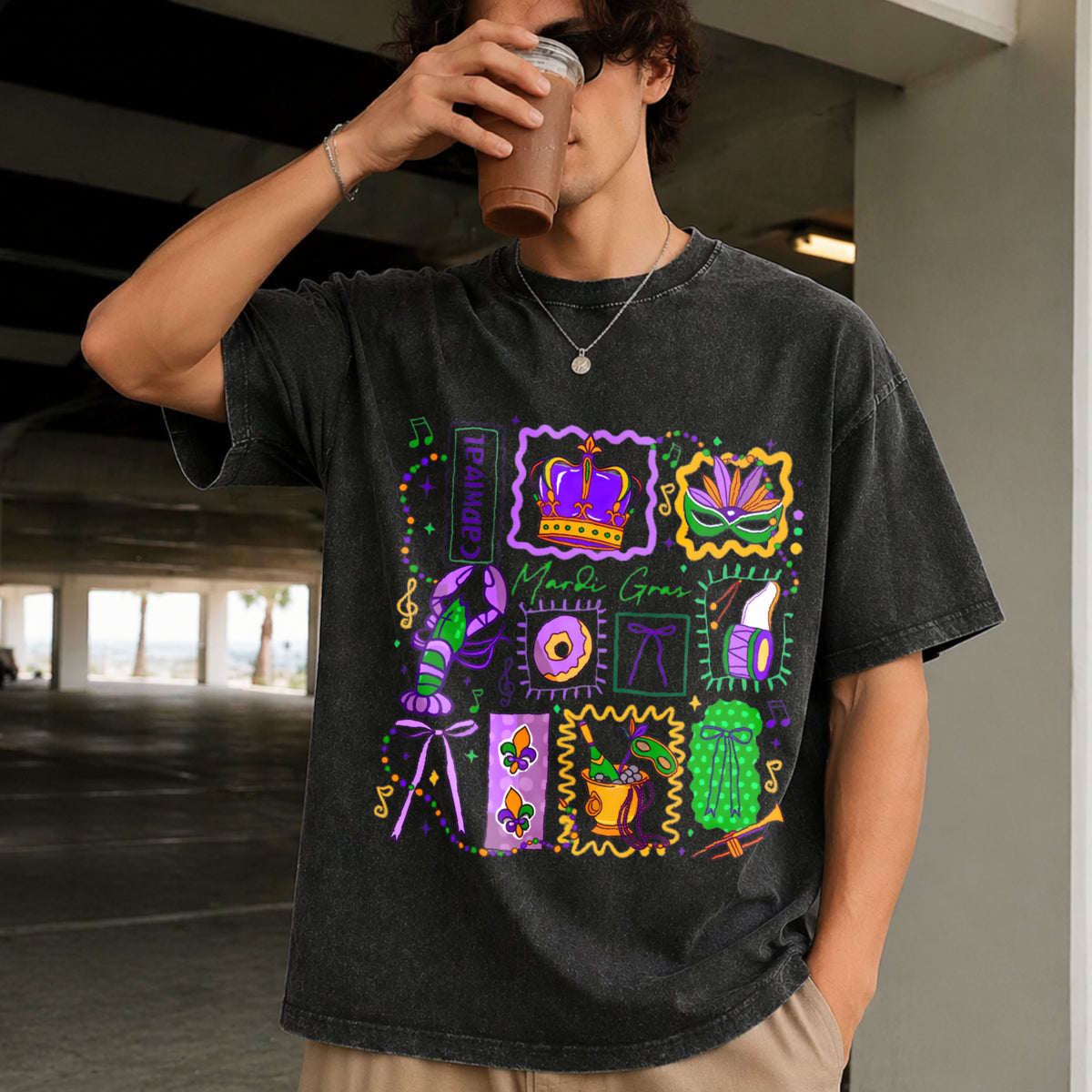 Mardi Gras Doodle Icons Vintage Washed T-Shirt - product view