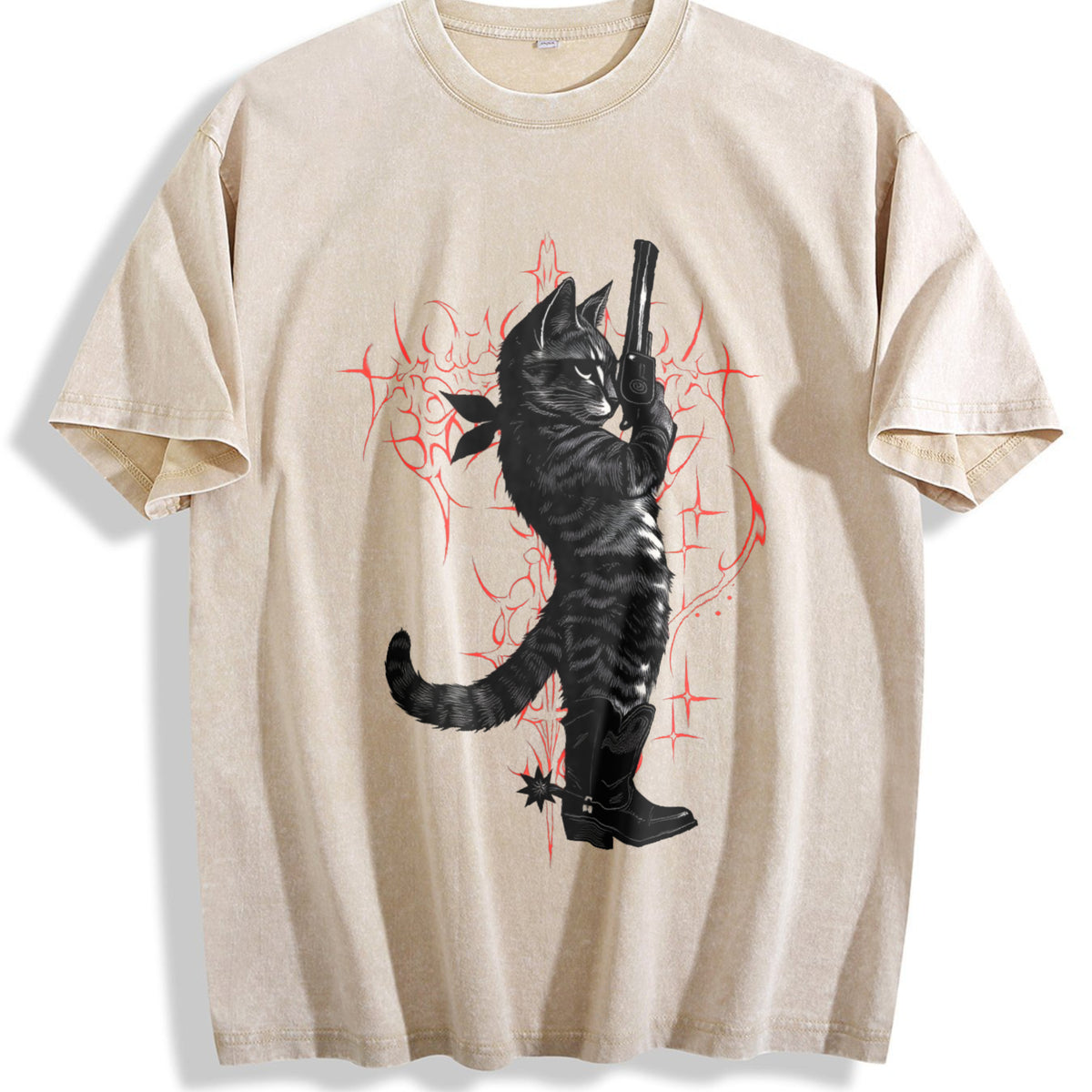 Cowboy Cat Neo-tribal Vintage Washed T-Shirt - Beige