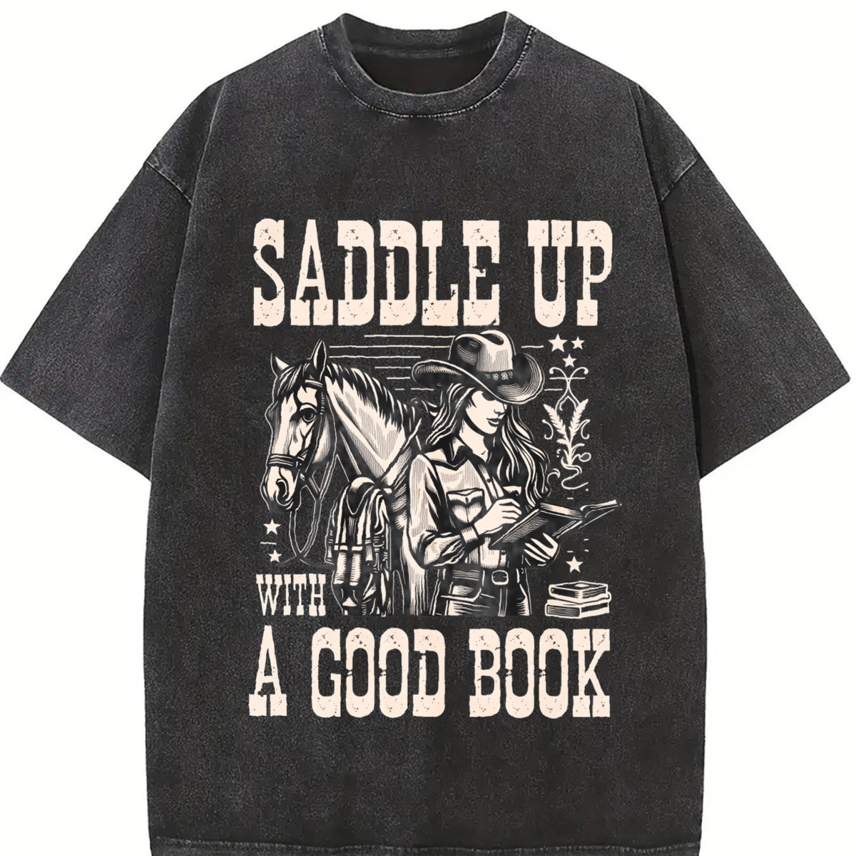 Cowgirl Saddle Up A Good Book Western Vintage Washed T-Shirt - product view