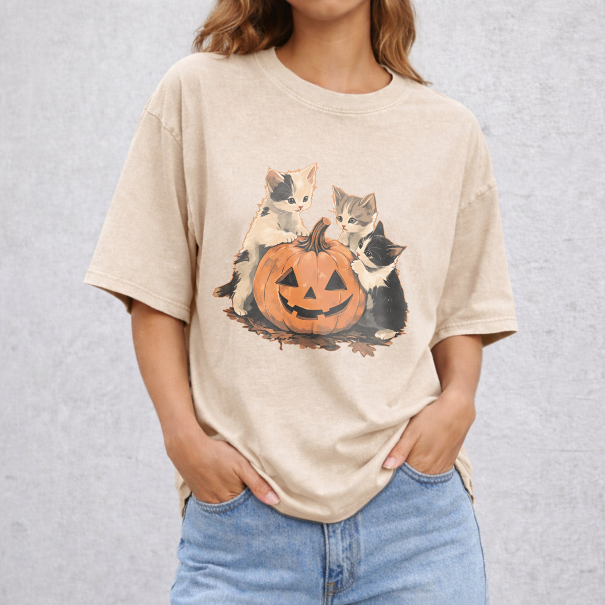 90s Cat Pumpkin Halloween Vintage Washed T-Shirt - Beige