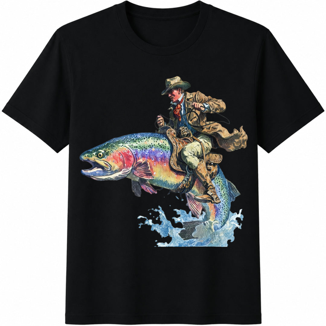 Cowboy Riding Rainbow Trout Cotton T-Shirt - Black