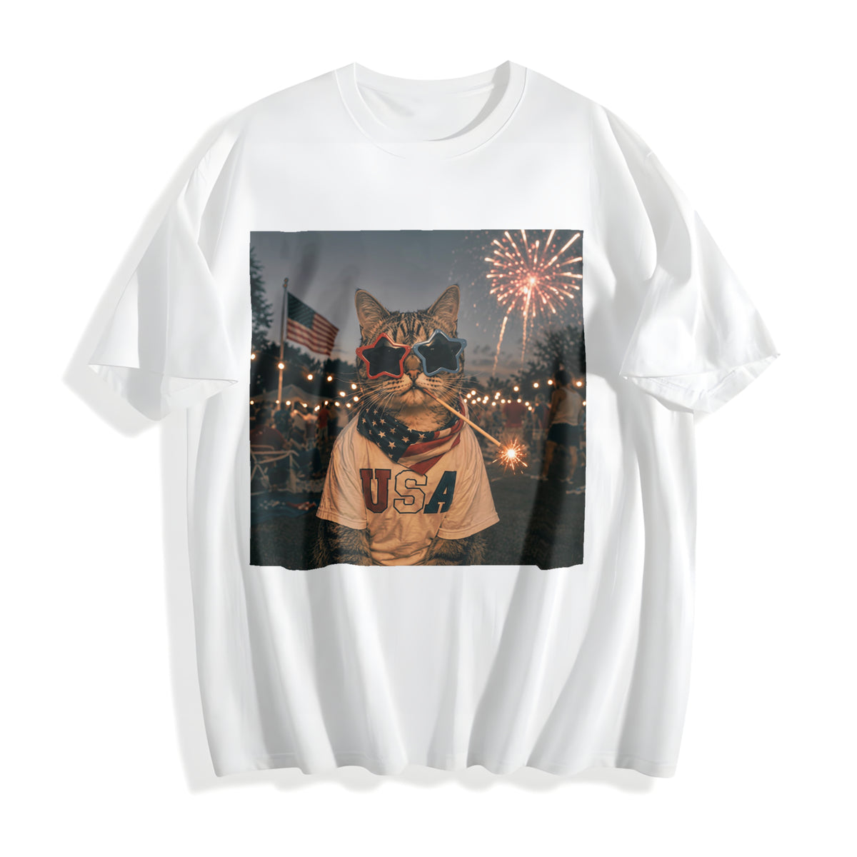 Funny Patriotic Cat - Fourth Of July Cotton T-Shirt - product view