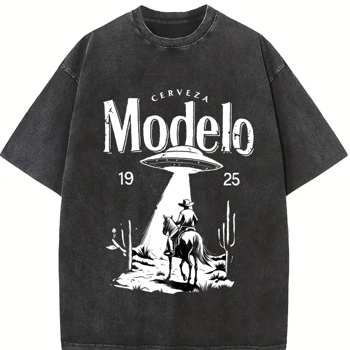 Modelo UFO Cowboy - - With Cerveza Modelo Letter Vintage Washed T-Shirt - product view