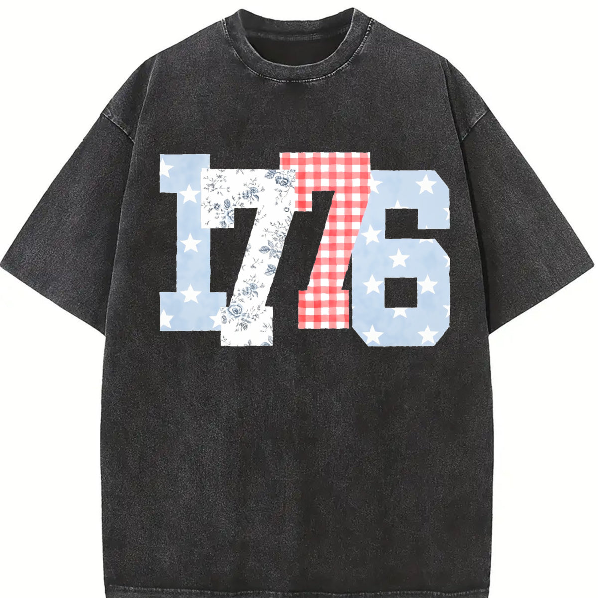1776 Plaid Floral Star Number Vintage Washed T-Shirt - product view
