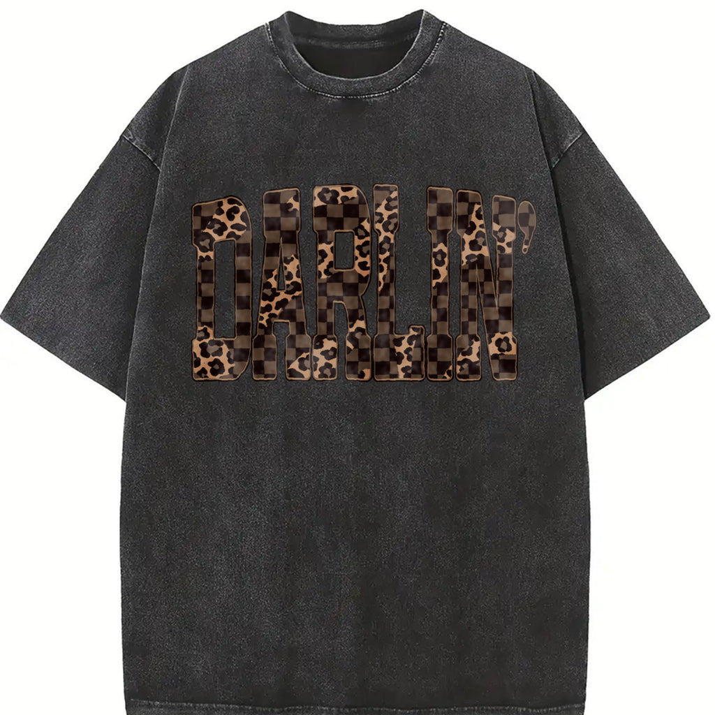 Comfort Colors Retro Western Checkered Leopard T-Shirt, Darlin Country Distressed Cowboy Quote, Western Concert Tee, Southern Tshirt