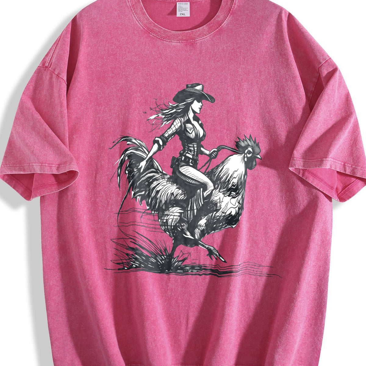 Cowgirl Riding Chicken 90s Vintage Washed T-Shirt - product view