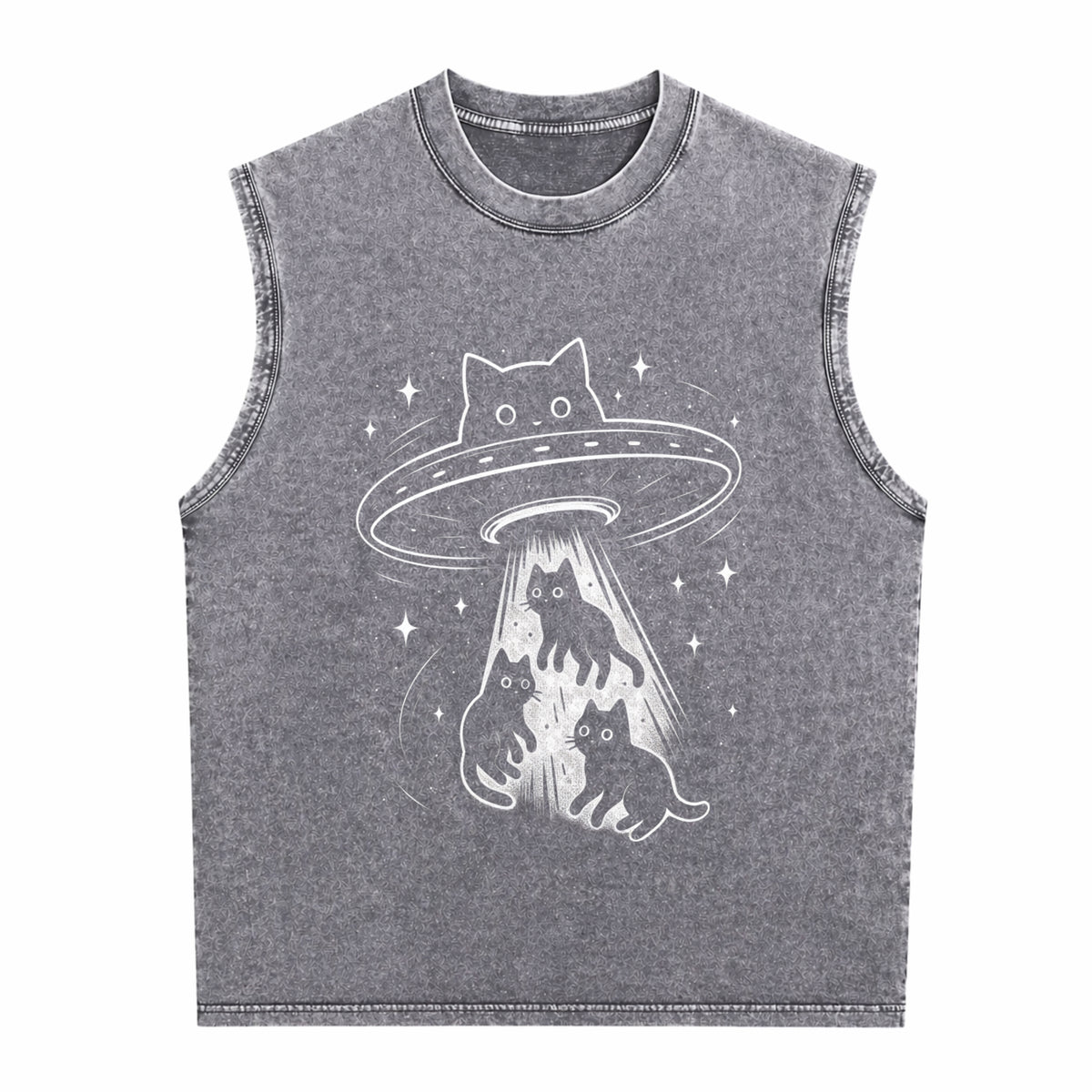 Funny Cat UFO Cute Kitty Space Spaceship Alien Aesthetic Men's Washed Tank Top - product view
