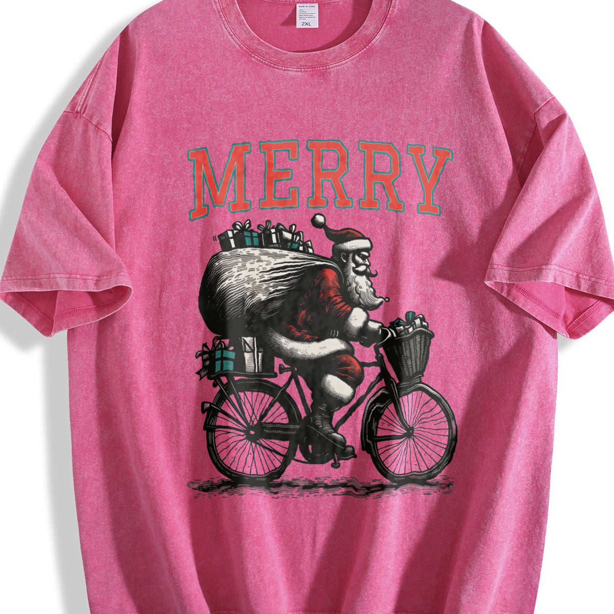 Merry Santa Riding Bike 90s Vintage Washed T-Shirt - product view