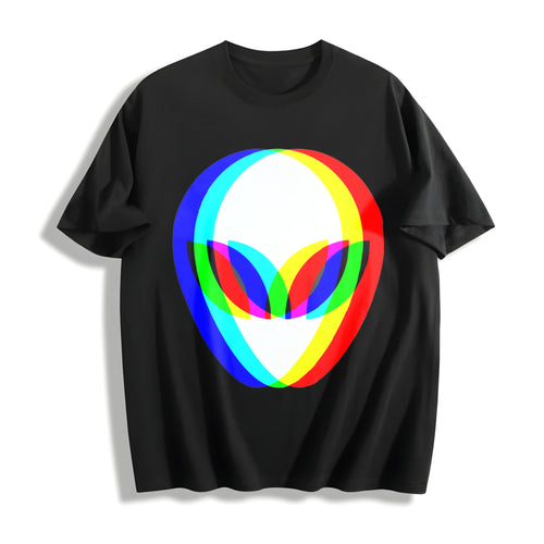 100 Alien Head Trippy Vaporwave Techno Rave Edm Music Festival Cotton T-Shirt - Black