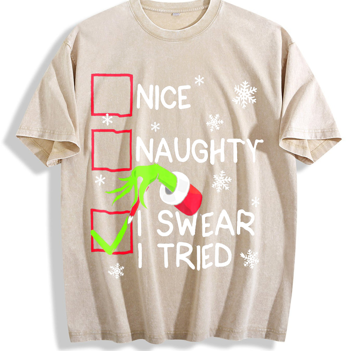 Groovy Naughty I Swear I Tried Christmas Holiday Vintage Washed T-Shirt - Beige