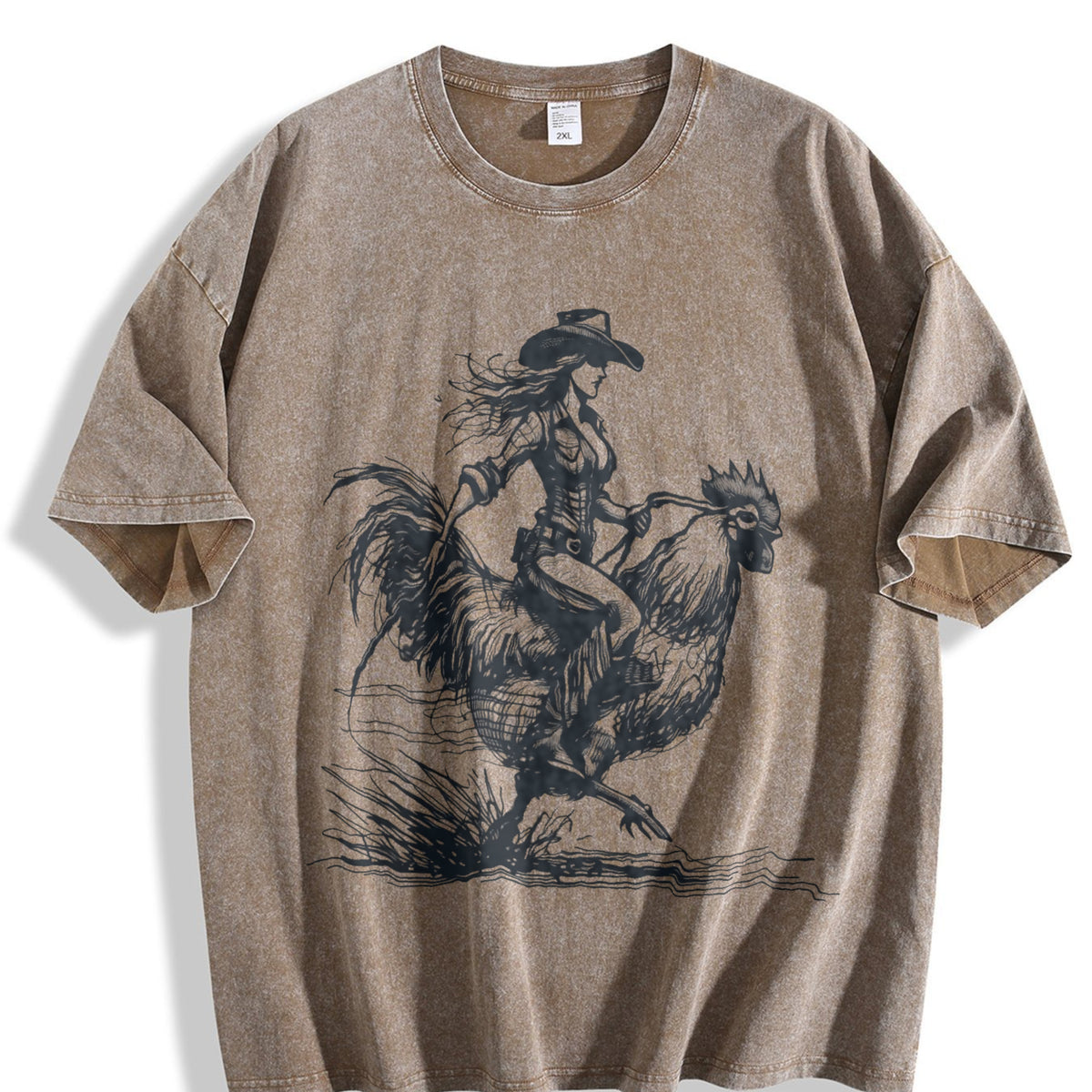 Funny Cowgirl Riding Chicken 90s Vintage Washed T-Shirt - product view