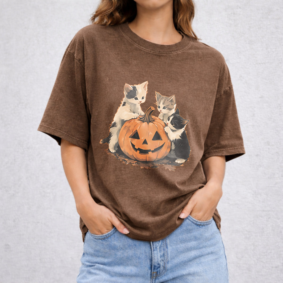 90s Cat Pumpkin Halloween Vintage Washed T-Shirt - product view
