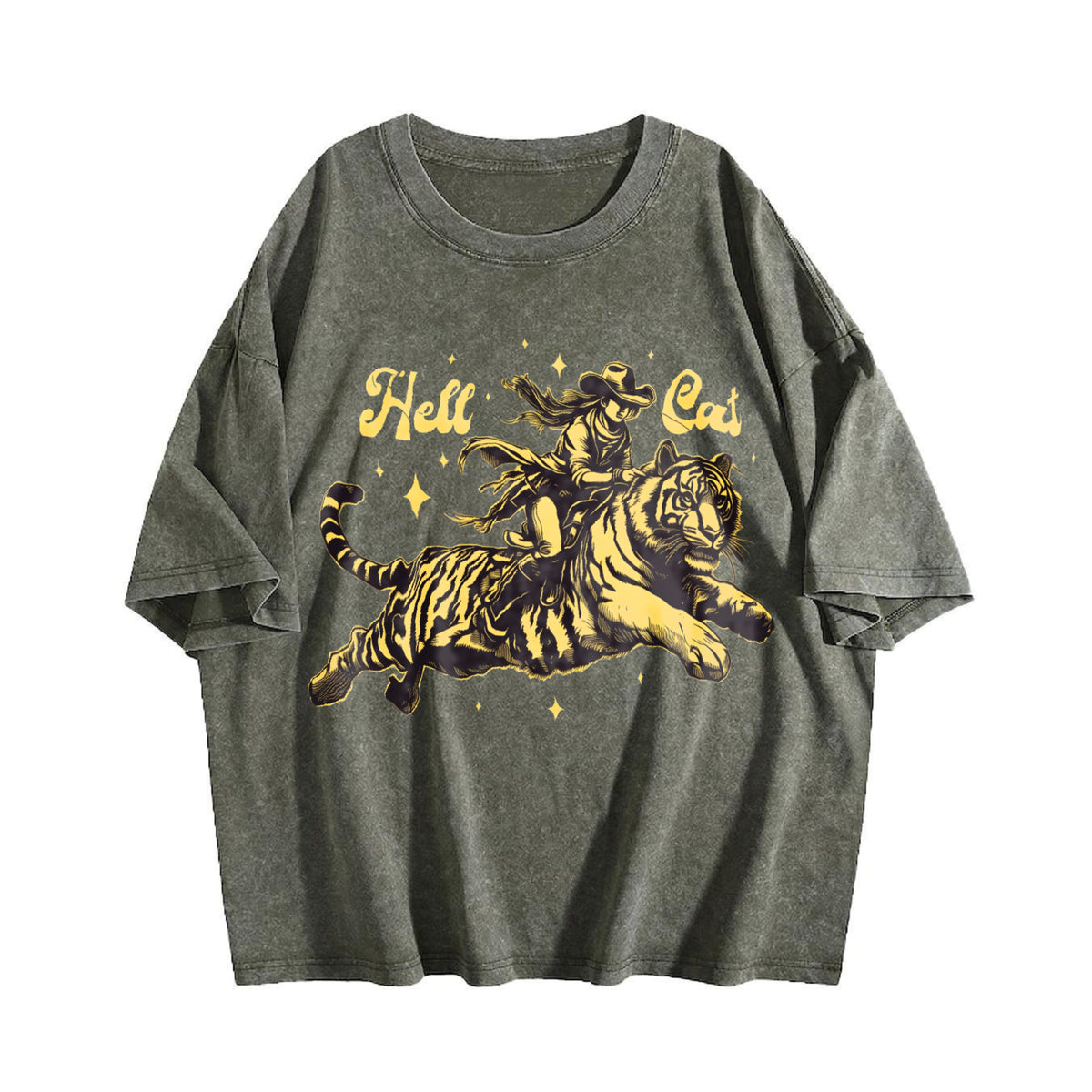 Hell Cat Cowgirl Riding Tiger Vintage Washed T-Shirt - product view