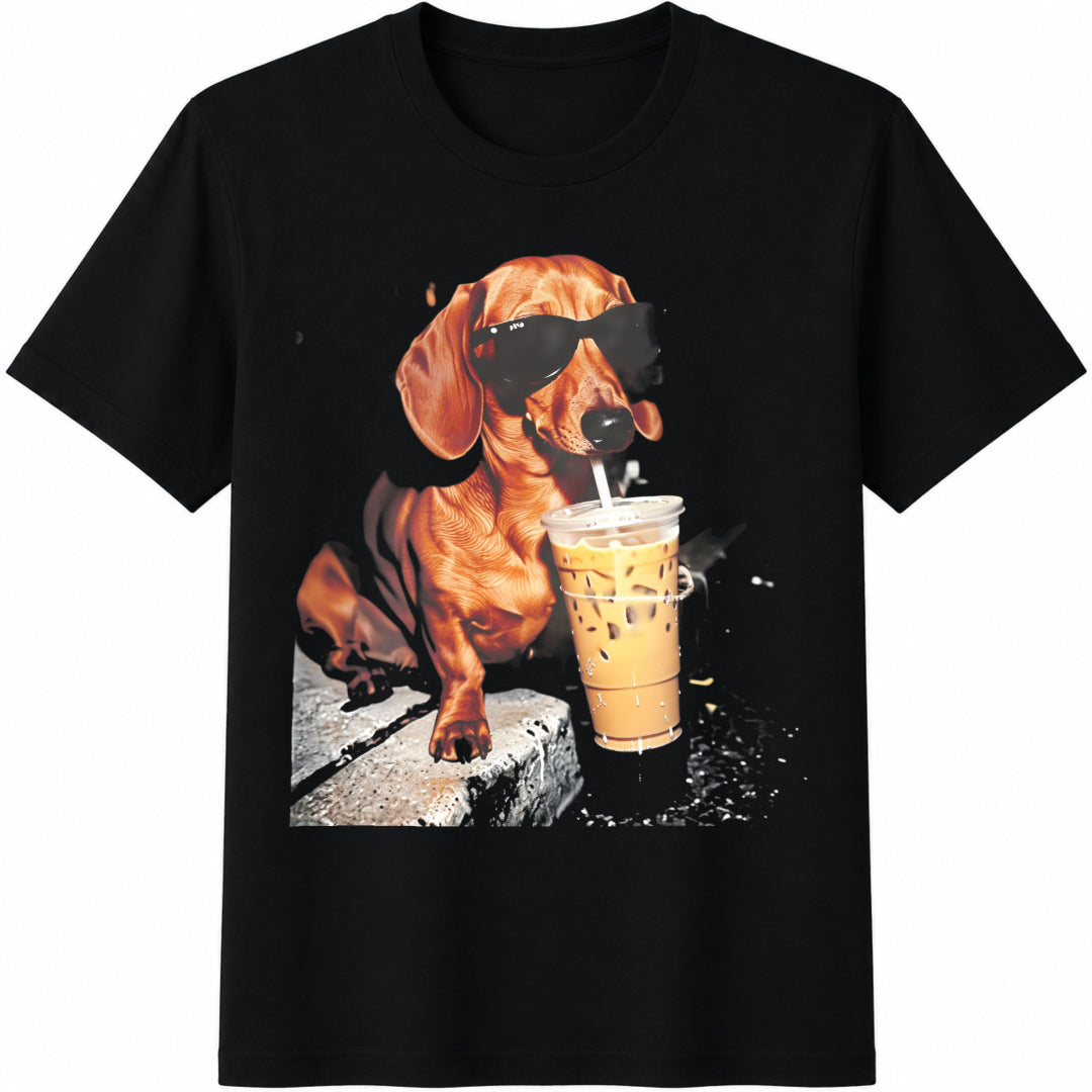 Funny Dachshund Drinking Iced Coffee Cotton T-Shirt - Black