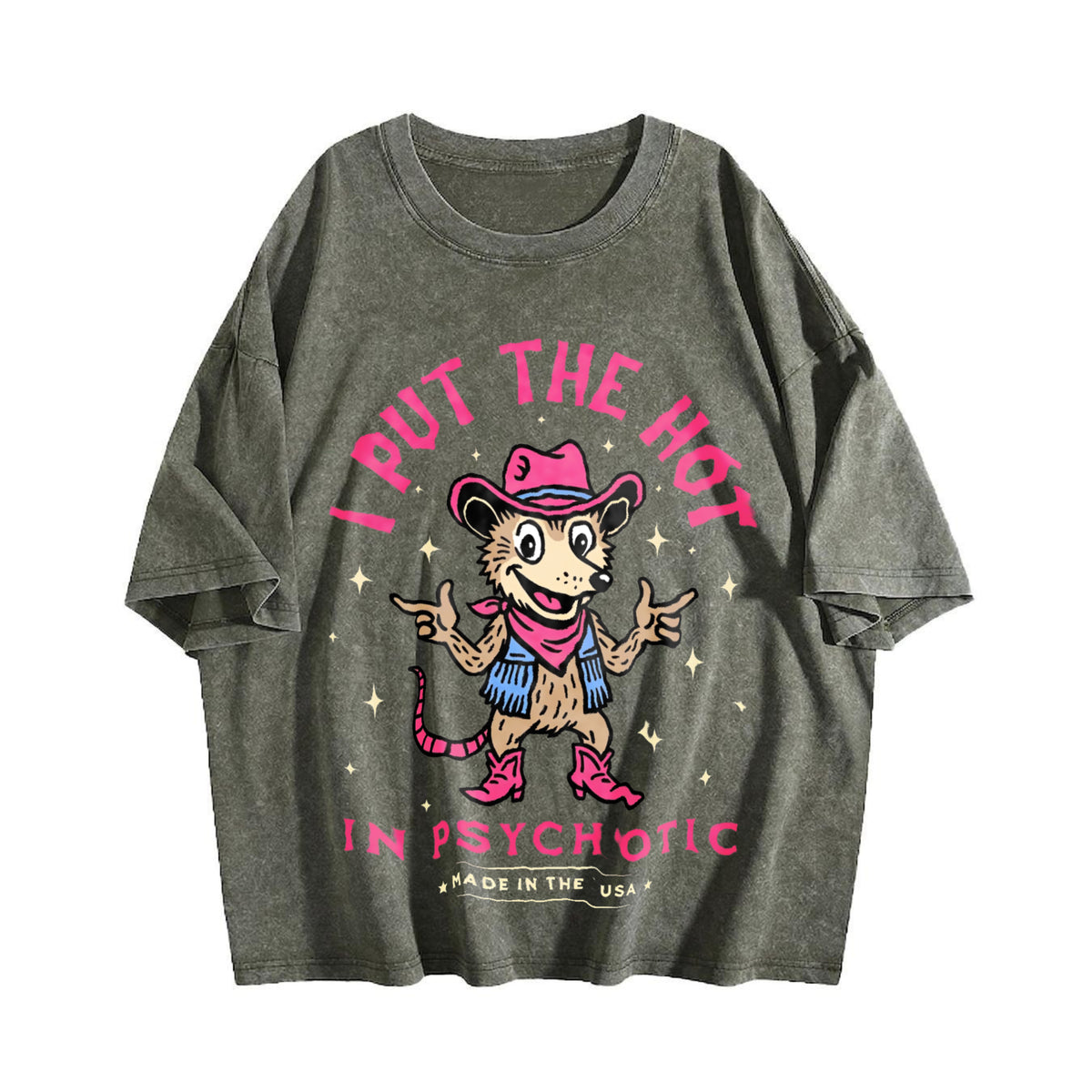 I Put The Hot In Psychotic Funny Cowboy Opossum Vintage Washed T-Shirt - product view