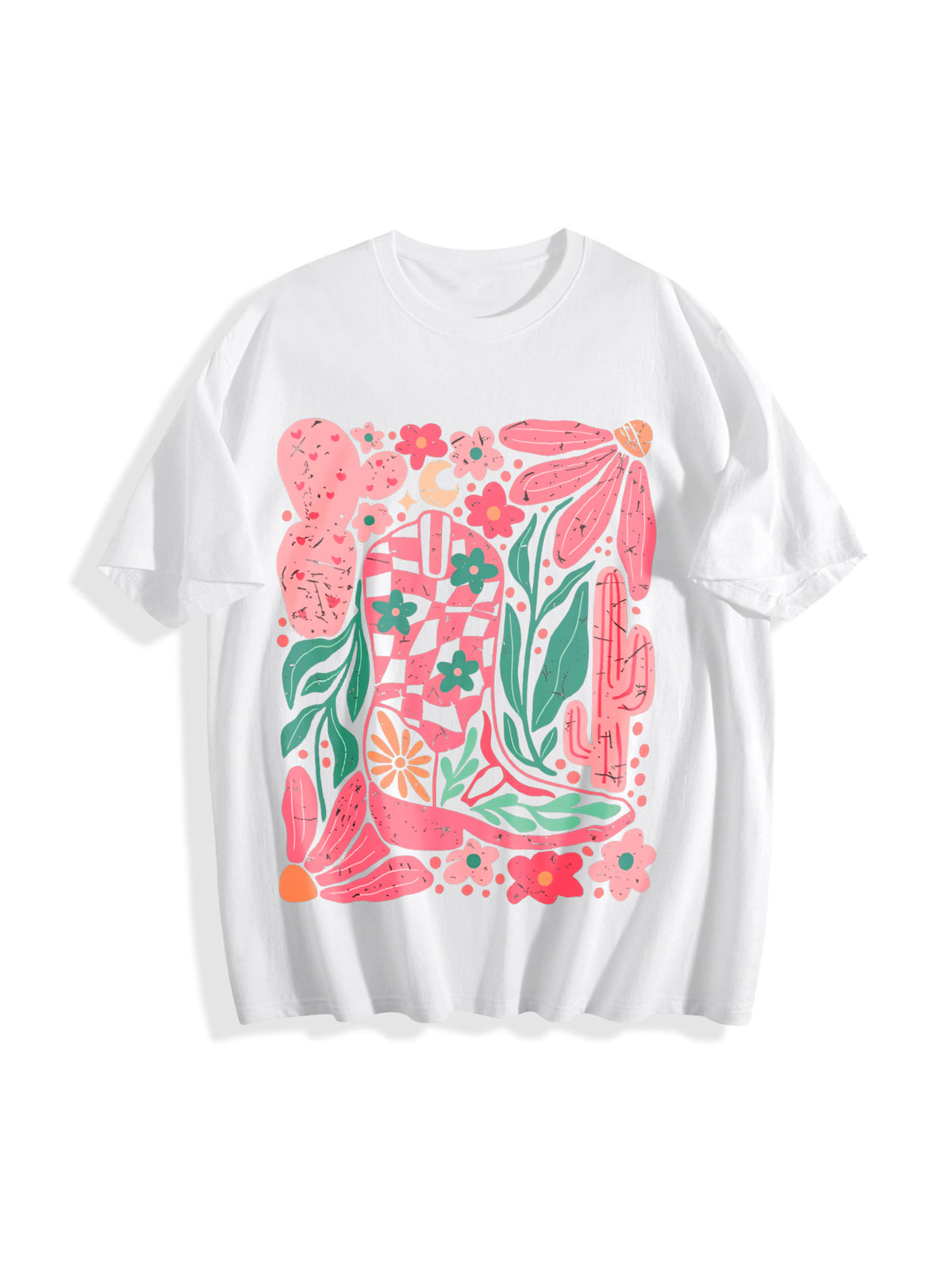 Boho Floral Cowboy Boots Cotton T-Shirt - product view