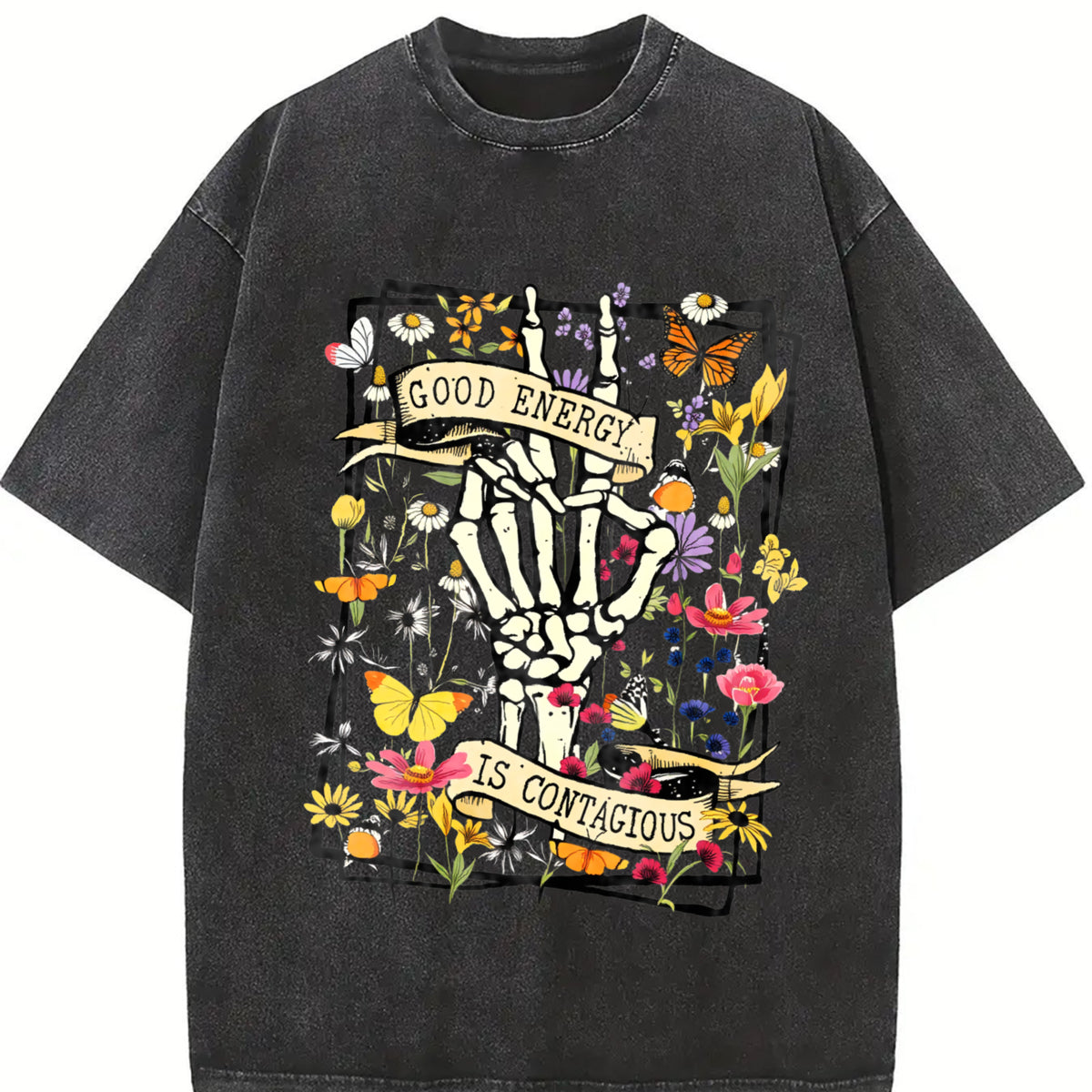 250g Heavyweight Washed T-Shirt - GOOD ENERGY IS CONTAGIOUS Retro Distressed Double-Sided Graphic Print, Oversized Unisex Streetwear Tee with Vintage 90s Inspired Design, Loose Fit Round Neck Short Sleeve Top for Men & Women, All-Season Cas boyfriend  tee