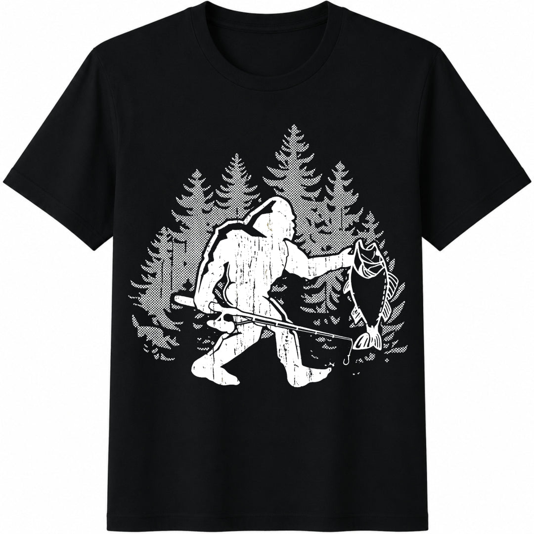 Bigfoot Fishing - Funny Sasquatch Fisherman - Bigfoot Angler Cotton T-Shirt - Black